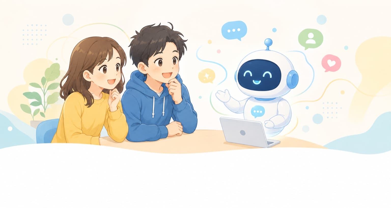 ノートパソコンの前で、AI のキャラクターと楽しそうに話している二人